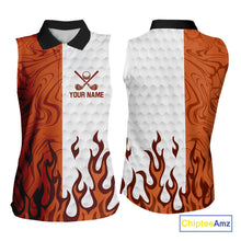 Load image into Gallery viewer, White and Orange Camo Flame Women Sleeveless Golf Polo Shirt Custom golf attire for ladies golf gift NQS10711