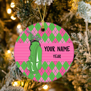 Pink and Green argyle pattern Christmas ornament custom name and year personalized golf ornament NQS8765