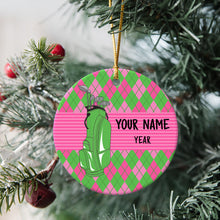 Load image into Gallery viewer, Pink and Green argyle pattern Christmas ornament custom name and year personalized golf ornament NQS8765