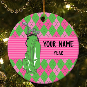 Pink and Green argyle pattern Christmas ornament custom name and year personalized golf ornament NQS8765