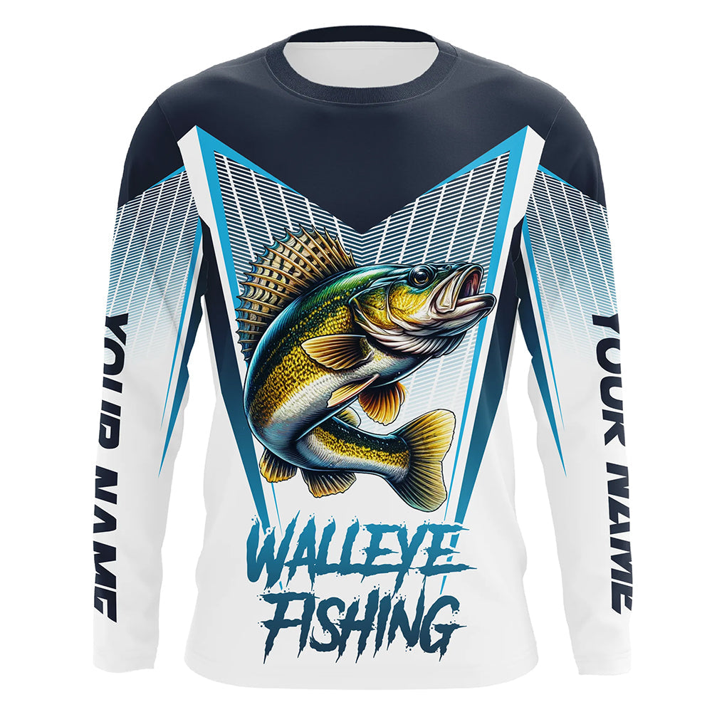 Personalized Walleye fishing Tournament Long Sleeve Fishing Shirts, Walleye Fishing Jersey | Blue NQS9225
