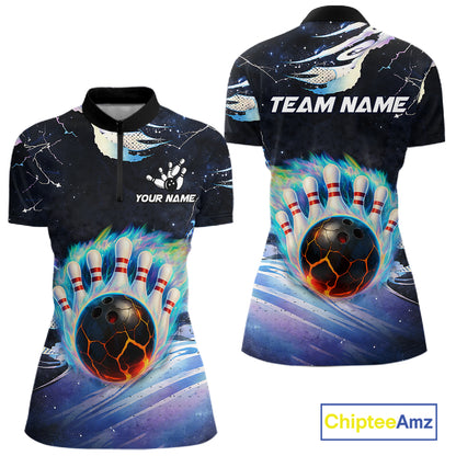 Blue hologram flame Bowling polo, 1/4 zip Shirts for Women Custom Bowling Team jerseys NQS11295