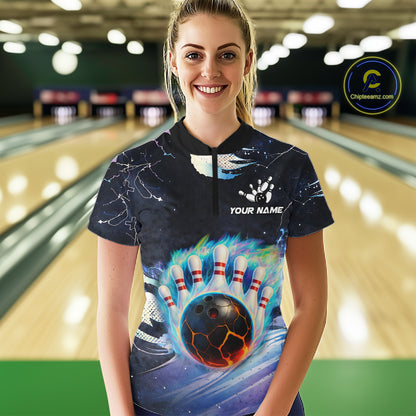 Blue hologram flame Bowling polo, 1/4 zip Shirts for Women Custom Bowling Team jerseys NQS11295
