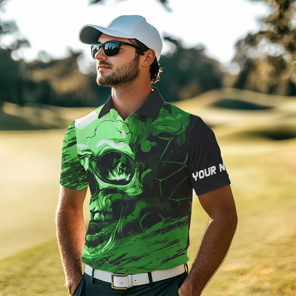 Black and Green Skull Golf Custom Men golf polo shirts, personalized golf tournament jerseys for team NQS9585
