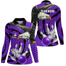 Load image into Gallery viewer, Eagle bowling ball and pins Purple camo custom Womens Bowling Polo Shirts, team ladies bowling jerseys NQS7515