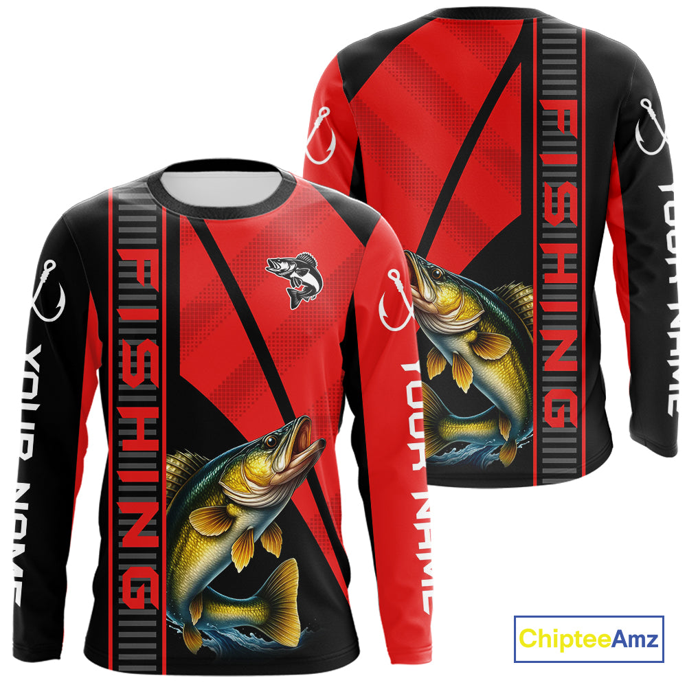 Black and red Walleye Fishing Custom UV protection Long sleeve fishing shirts For Men, Women NQS10161