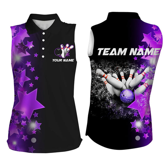 Women bowling sleeveless polo shirts Custom Purple Stars Bowling Team Bowlers Jersey NQS8527