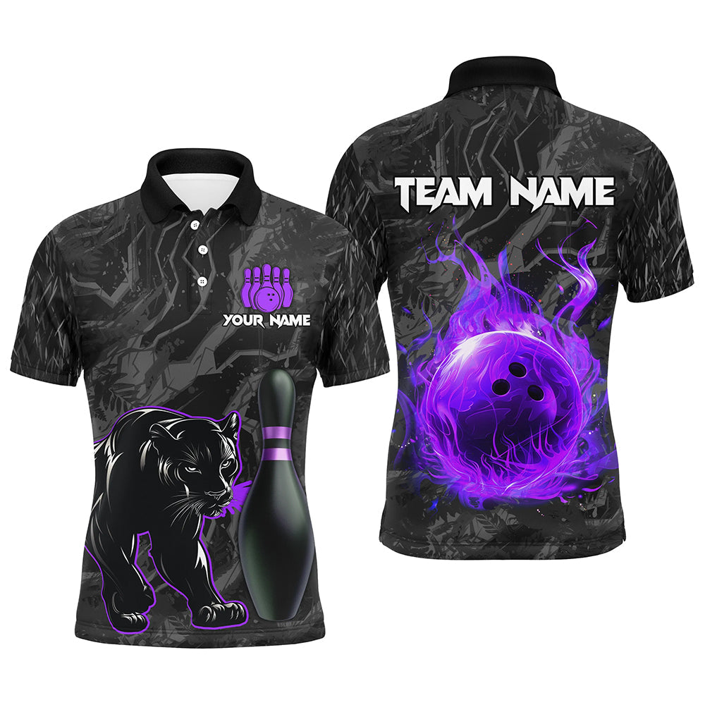 Black Camo Panther Purple Flame Bowling Polo, 1/4 Zip Shirts For Men Custom Bowling Team League Jersey NQS8777