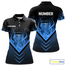 Load image into Gallery viewer, Black and Blue Fire Women Disc golf polo shirts custom flame disc golf basket jersey, disc golf shirt NQS10922