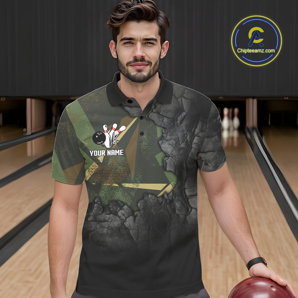 Green Camo Black Bowling Polo, Quarter Zip Shirts for Men Custom Team Bowling Jersey NQS10929