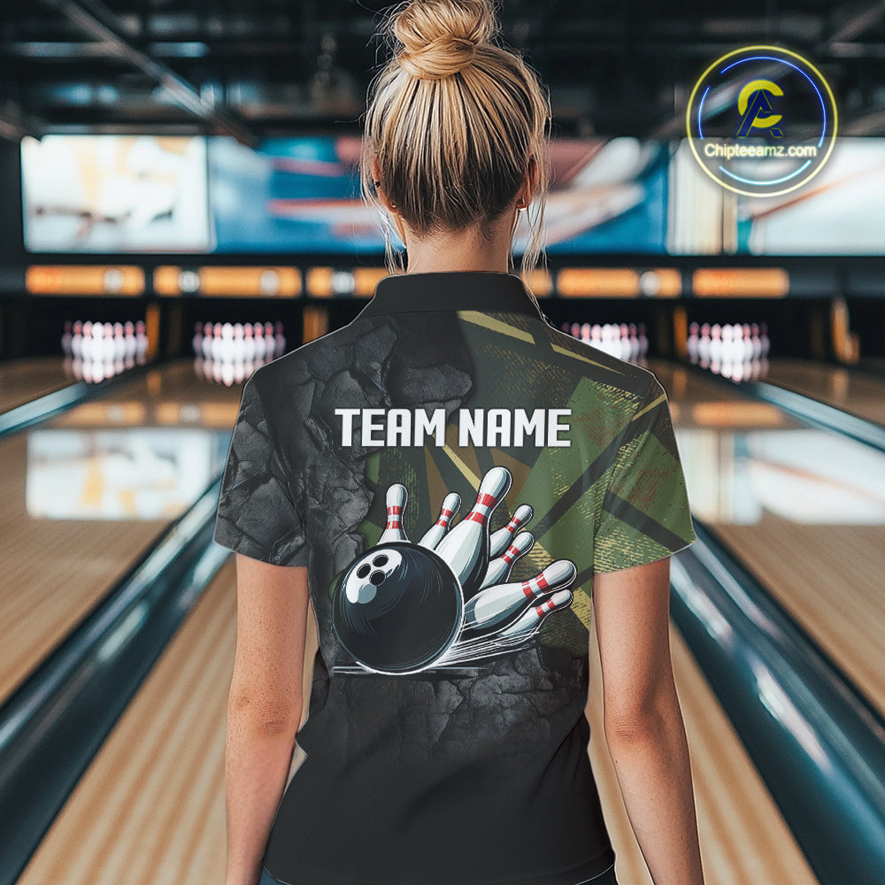 Green Camo Black Bowling Polo, Quarter Zip Shirts for Women Custom Team Bowling Jersey NQS10929