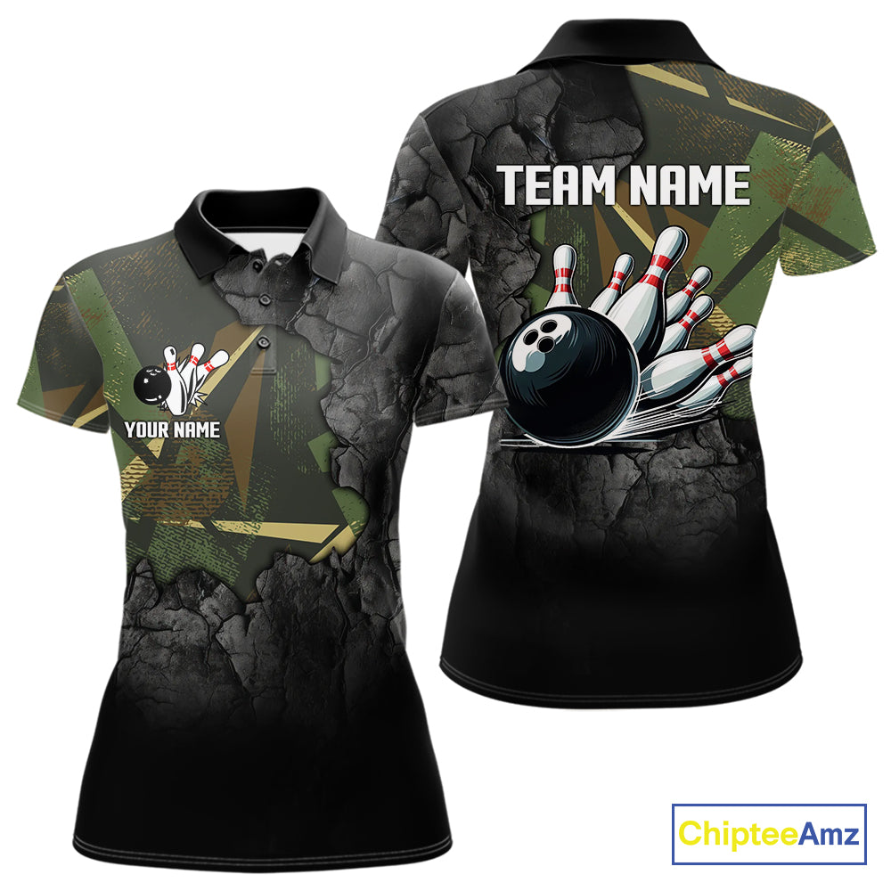 Green Camo Black Bowling Polo, Quarter Zip Shirts for Women Custom Team Bowling Jersey NQS10929