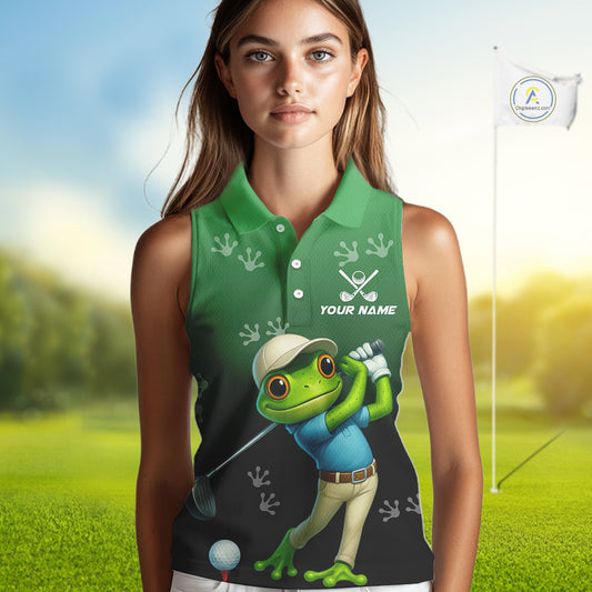 Funny Frog Green Sleeveless Golf polo shirt for Women Custom ladies golf top, personalized golf gifts NQS11104