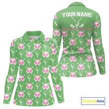 Load image into Gallery viewer, Green and Pink Golf pattern polo golf shirt for Women Custom ladies's golf clothes, best golf gifts NQS11105