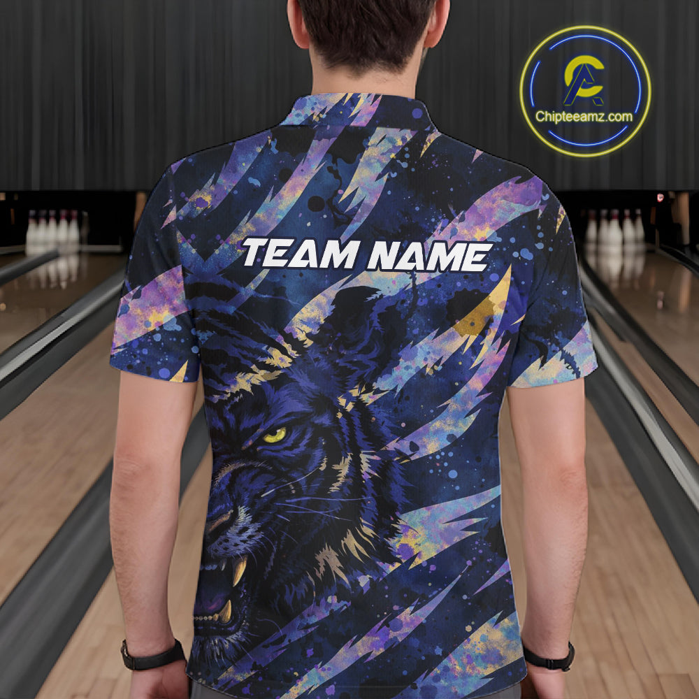 Blue and Purple watercolor Tiger Bowling Polo, Quarter Zip Shirt For Men Custom bowling Team outfit NQS11308