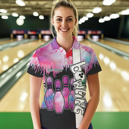Black and Pink watercolor Bowling Polo, Quarter Zip Shirts For Women Custom Bowling Jersey Team Outfit NQS9593