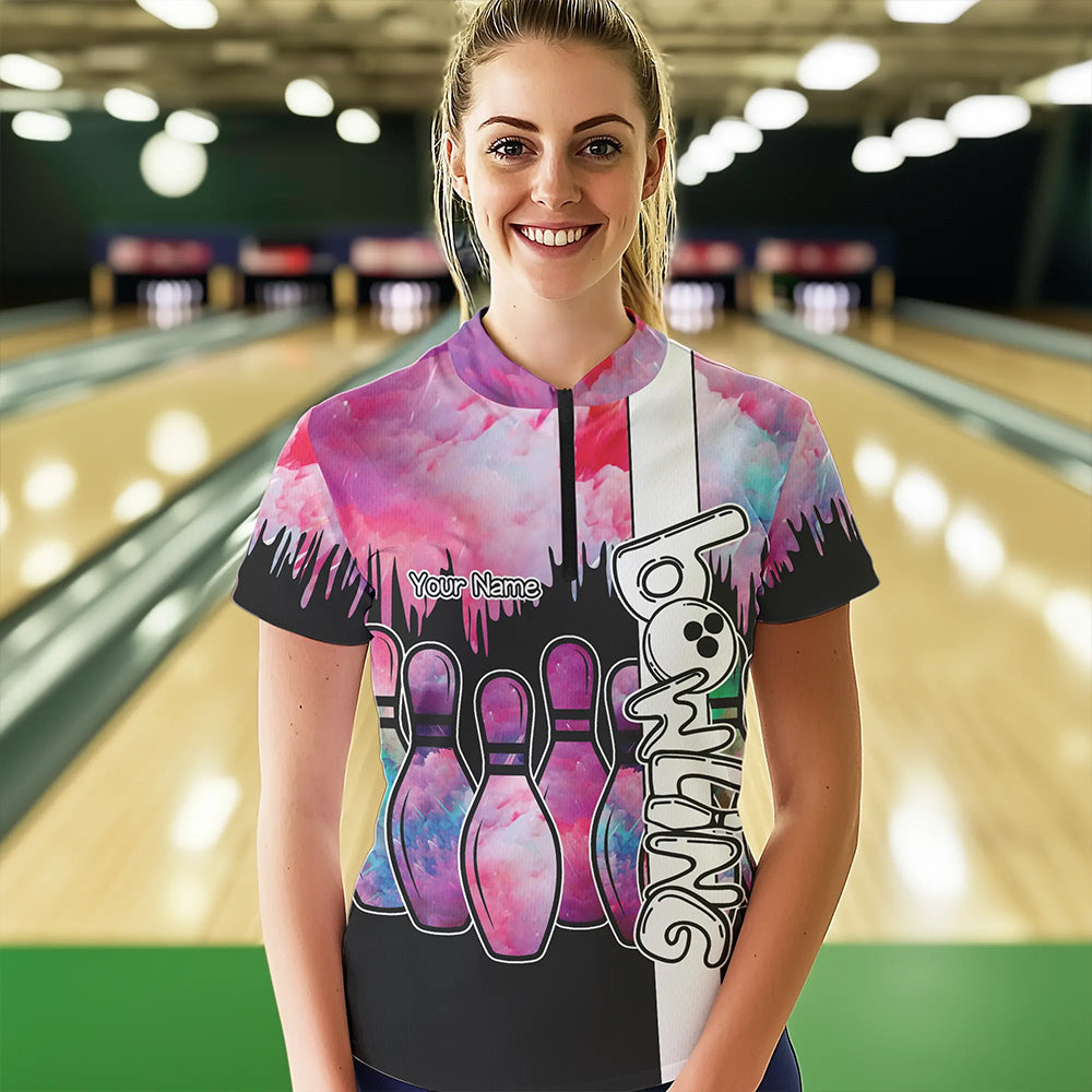 Black and Pink watercolor Bowling Polo, Quarter Zip Shirts For Women Custom Bowling Jersey Team Outfit NQS9593