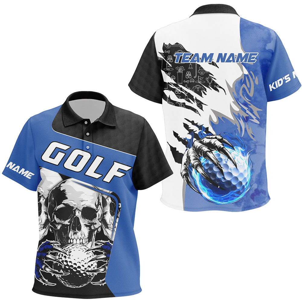 Kid golf polo shirts custom skull golf ball fire golf jerseys, unique golf gifts | Blue NQS7519