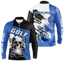 Load image into Gallery viewer, Mens golf polo shirts custom skull golf ball fire golf jerseys, unique golf gifts | Blue NQS7519