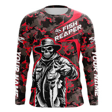 Load image into Gallery viewer, Custom Fish Reaper Skull Bass Long Sleeve Fishing Shirt, Bass Hunter Fishing Jerseys | Red Camo IPHW6506