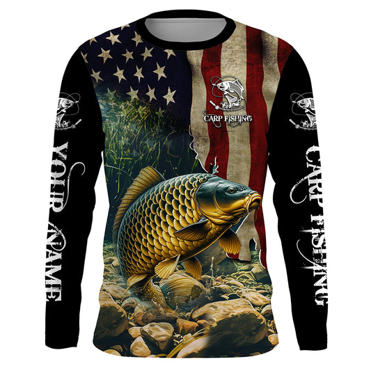 Carp Fishing 3D American Flag Patriotic Customize name UV Protection Fishing shirts NQS499