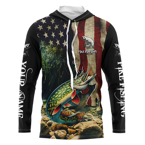 Northern Pike fishing American Flag patriotic custom name UV Protection Long Sleeve Fishing apparel NQS500