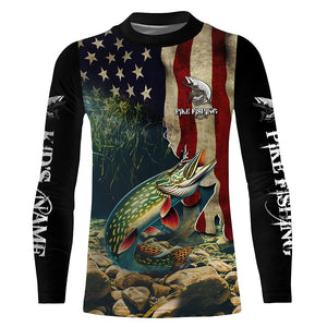 Northern Pike fishing American Flag patriotic custom name UV Protection Long Sleeve Fishing apparel NQS500