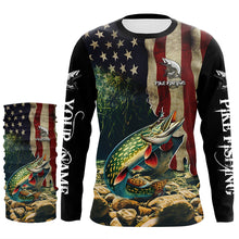 Load image into Gallery viewer, Northern Pike fishing American Flag patriotic custom name UV Protection Long Sleeve Fishing apparel NQS500