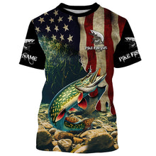 Load image into Gallery viewer, Northern Pike fishing American Flag patriotic custom name UV Protection Long Sleeve Fishing apparel NQS500