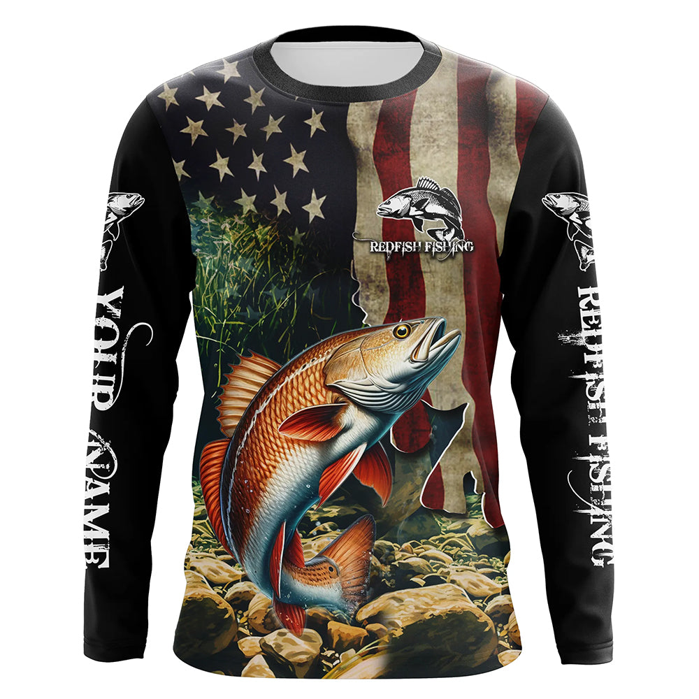 Red drum fishing 3D American Flag Patriotic Customize name UV Protection Long Sleeve Fishing apparel NQS501