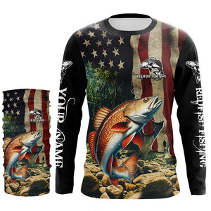 Red drum fishing 3D American Flag Patriotic Customize name UV Protection Long Sleeve Fishing apparel NQS501