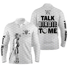 Load image into Gallery viewer, Funny skull white Mens golf polo shirt custom name talk birdie to me skeleton golf shirt, golfing gift NQS6006