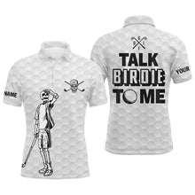 Load image into Gallery viewer, Funny skull white Mens golf polo shirt custom name talk birdie to me skeleton golf shirt, golfing gift NQS6006