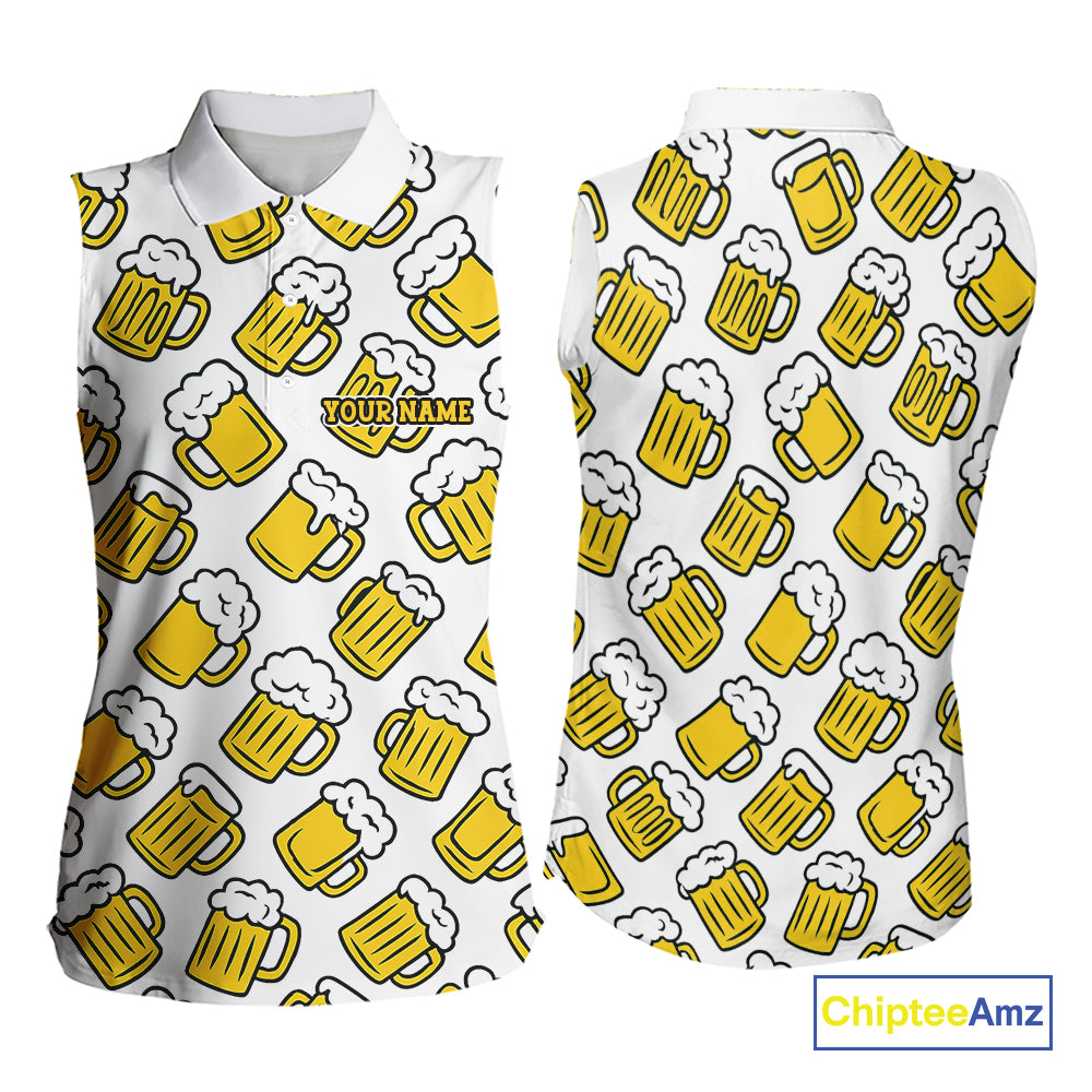 Funny Yellow beer pattern Women Sleeveless Polo shirt custom fun golf shirts, cool golf gifts NQS10301