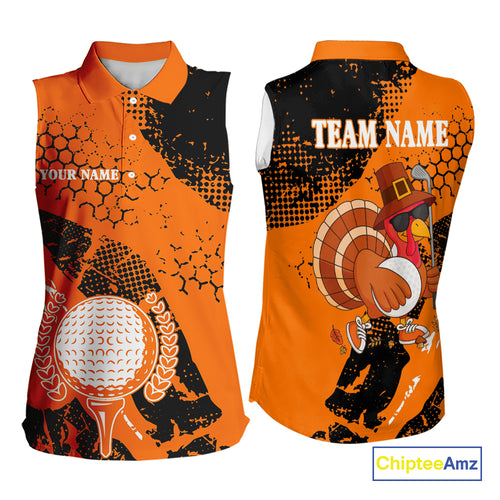 Black & Orange Turkey golf Sleeveless golf polo shirts custom Thanksgiving golf shirt for Ladies NQS10722