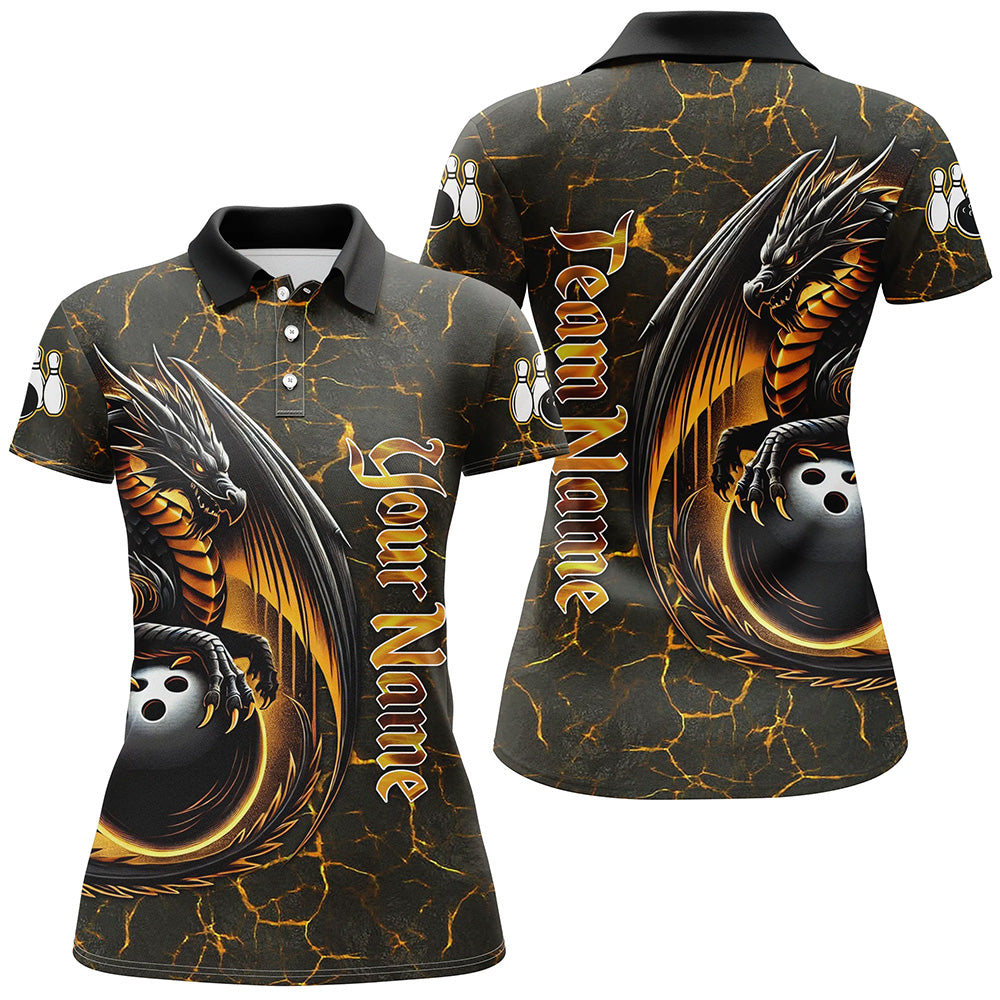 Black And Gold Custom Dragon Bowling Shirts For Women, Dragon Bowling Team Shirts NQS8783