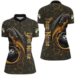 Black And Gold Custom Dragon Bowling Shirts For Women, Dragon Bowling Team Shirts NQS8783