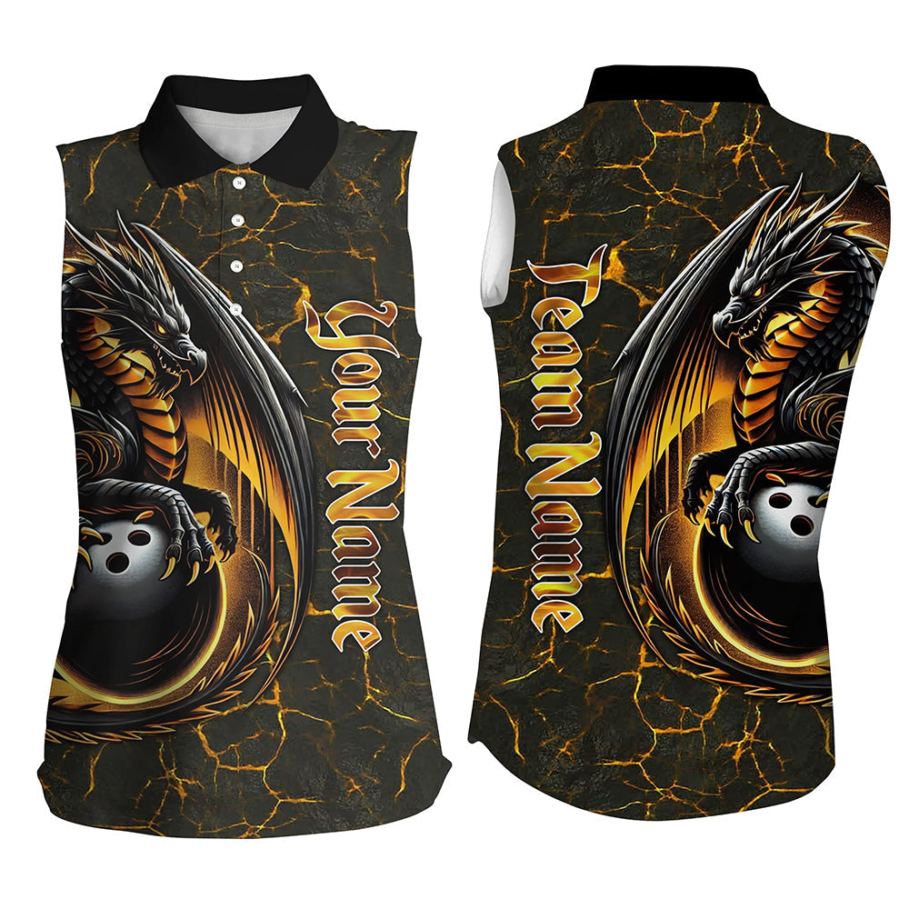 Black And Gold Custom Dragon Bowling Sleeveless Polo Shirts For Women, Dragon Bowling Team Shirts NQS8783