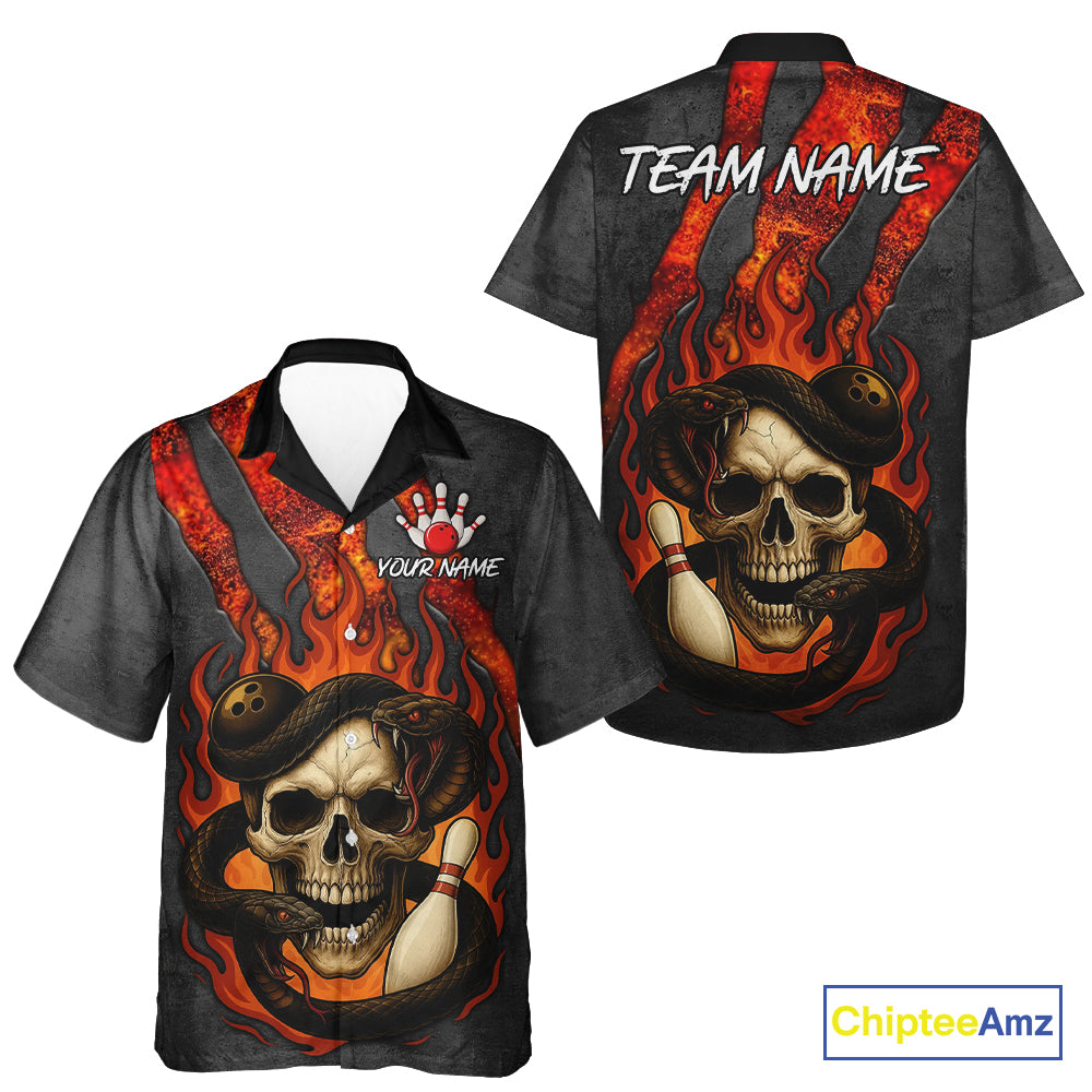Red Flame Skull Snake Bowling Hawaiian Shirt Custom Team Bowling Button Up Shirt, Gift For Bowler NQS10937