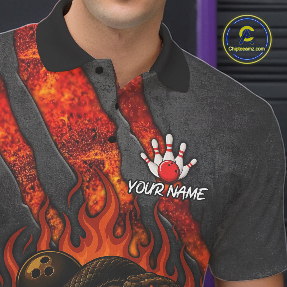 Red Flame Skull Snake Bowling Polo, Quarter Zip Shirts for Men Custom Team Bowling Jersey NQS10937