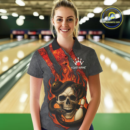 Red Flame Skull Snake Bowling Polo, Quarter Zip Shirts for Women Custom Team Bowling Jersey NQS10937