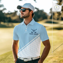 Load image into Gallery viewer, Light Blue and White Golf polo golf shirt for men Custom men&#39;s golf outfit, unique golf gifts NQS11112