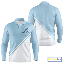 Load image into Gallery viewer, Light Blue and White Golf polo golf shirt for men Custom men&#39;s golf outfit, unique golf gifts NQS11112