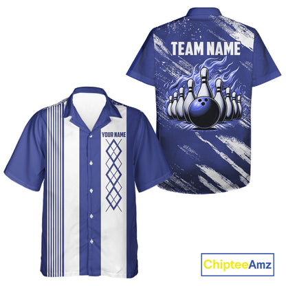 Blue and White Argyle Flame Bowling Hawaiian Shirt Custom bowling team jerseys NQS11312