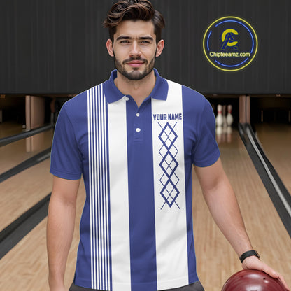 Blue and White Argyle Flame bowling Men Polo, 1/4 Quarter Zip Shirts Custom bowling team jerseys NQS11312
