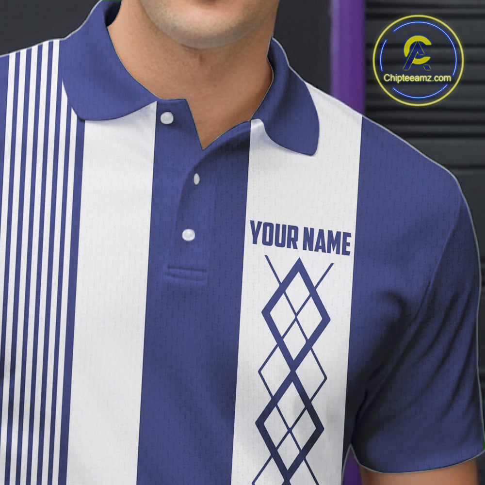 Blue and White Argyle Flame bowling Men Polo, 1/4 Quarter Zip Shirts Custom bowling team jerseys NQS11312