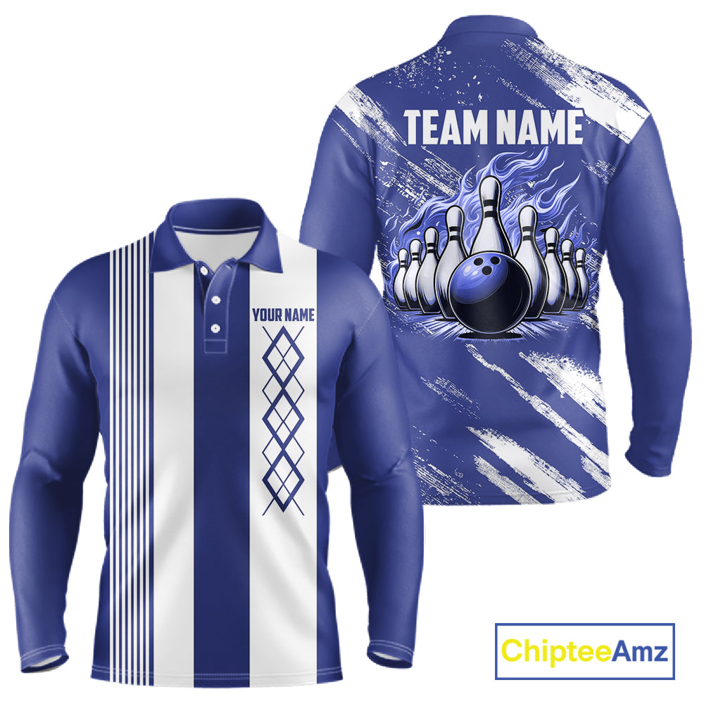Blue and White Argyle Flame bowling Men Polo, 1/4 Quarter Zip Shirts Custom bowling team jerseys NQS11312