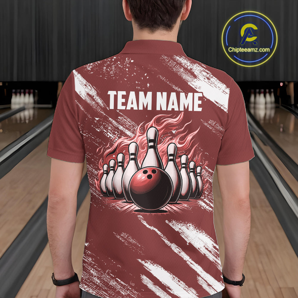 Red and White retro Argyle Flame bowling Men Polo, 1/4 Quarter Zip Shirts Custom bowling team jerseys NQS11313