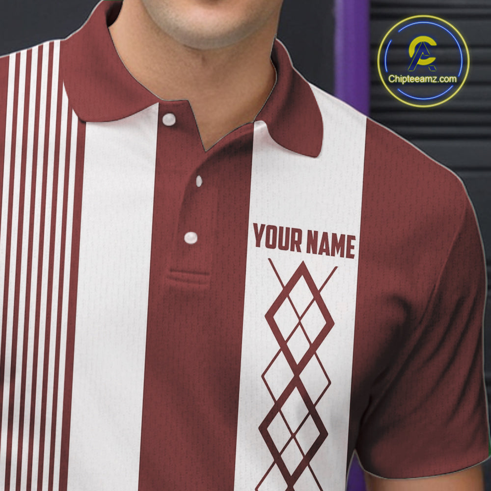 Red and White retro Argyle Flame bowling Men Polo, 1/4 Quarter Zip Shirts Custom bowling team jerseys NQS11313