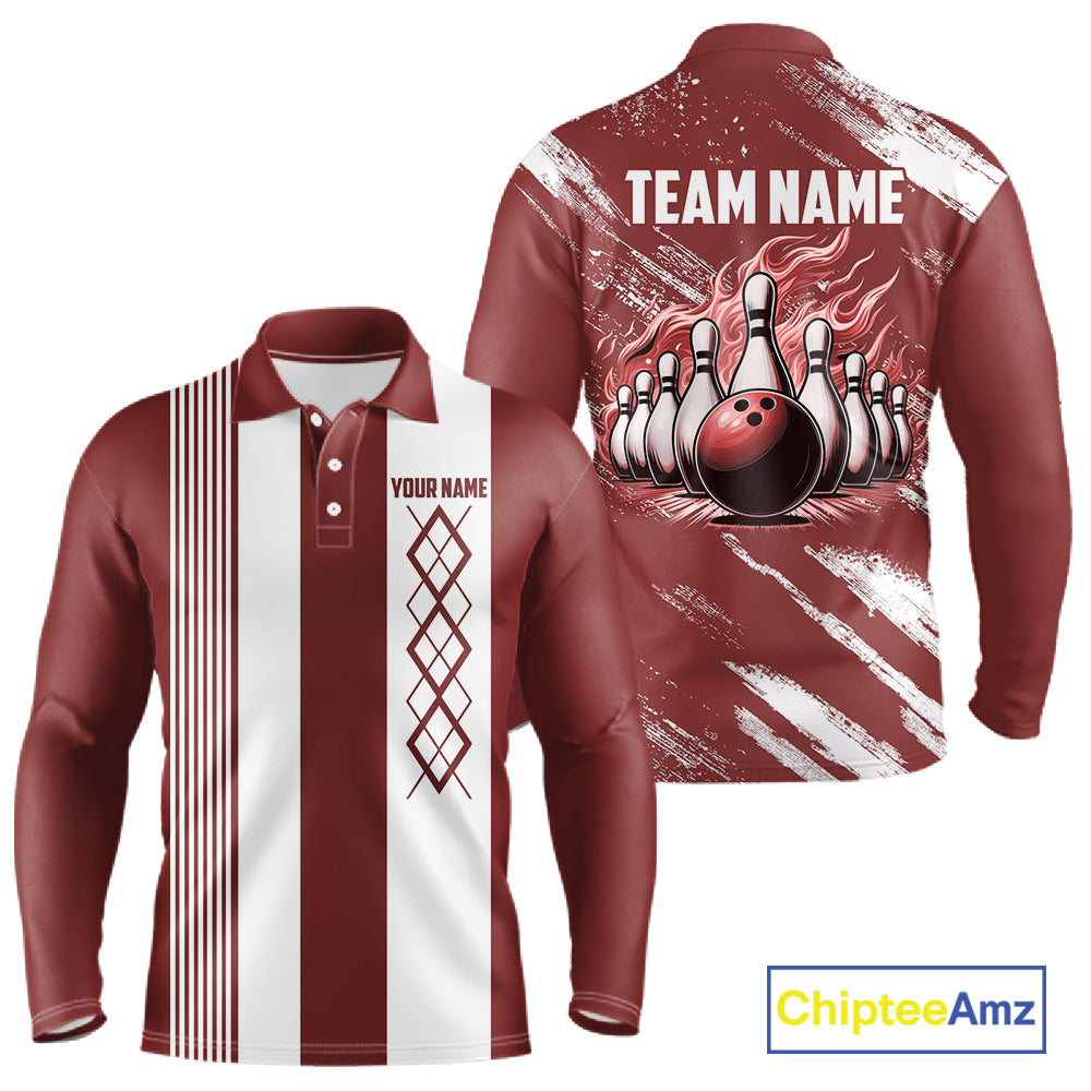 Red and White retro Argyle Flame bowling Men Polo, 1/4 Quarter Zip Shirts Custom bowling team jerseys NQS11313